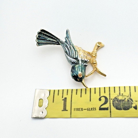 Vintage Bird Brooch Gold Tone Green White Jay Perched On A Branch Gerrys 2" - Picture 7 of 7